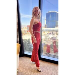 LIKELY Scarlet Red One-Shoulder Cap Sleeve Maxson Jumpsuit Size 10